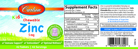 Carlson Labs Kid's Chewable Zinc Mixed Berry 42 Tablets