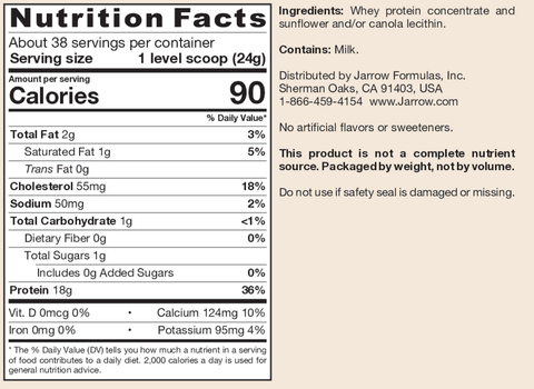 Jarrow Formulas Whey Protein Unflavored 18g Protein 24g Scoop